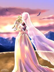  absurdres backlighting bald bald_girl bouquet breasts bridal_veil commentary_request dress dural elbow_gloves female flower from_behind gloves highres ikeda_tsukasa long_dress looking_at_viewer looking_back medium_breasts metal_skin mountainous_horizon no_bra no_pupils solo standing strapless strapless_dress sunset veil virtua_fighter wedding_dress white_dress white_gloves 