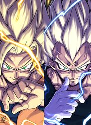  2boys absurdres aura blonde_hair blue_bodysuit bodysuit closed_mouth dougi dragon_ball dragon_ball_z facial_mark finger_to_mouth forehead_mark gloves green_eyes highres large_pectorals liedein majin_vegeta male_focus multiple_boys muscular muscular_male pectorals smile son_goku spiked_hair super_saiyan super_saiyan_2 upper_body vegeta white_gloves 