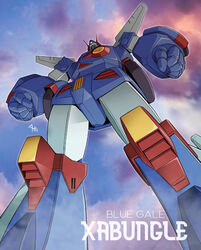  assault_visor character_name clenched_hands cloud commentary_request copyright_name from_below glowing green_visor head_tilt highres matayoshi_(nopple_1000) mecha mecha_focus no_humans robot science_fiction sentou_mecha_xabungle sky solo xabungle_(mecha) 