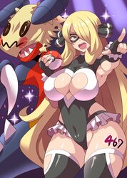  blonde_hair breasts cleavage_cutout clothing_cutout cosplay covered_navel cynthia_(pokemon) domino_mask fangs female fingerless_gloves frilled_leotard frills garchomp gloves hair_over_one_eye highres holding holding_poke_ball konno_tohiro leotard long_hair mask mimikyu open_mouth pointing pointing_at_viewer poke_ball poke_ball_(basic) pokemon pokemon_(creature) pokemon_dppt rainbow_mika rainbow_mika_(cosplay) sharp_teeth smile street_fighter teeth thighhighs very_long_hair wrestling_outfit 