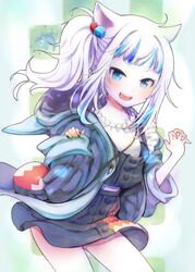  :d animal_ears animal_hood aqua_hair blue_eyes blue_hair blue_jacket blue_skirt blunt_bangs blush buttons cat_ears claw_pose commentary_request cowboy_shot cube_hair_ornament dot_nose female gawr_gura gawr_gura_(casual) hair_ornament highres hololive hololive_english hood hooded_jacket jacket looking_at_viewer medium_hair multicolored_hair no_pants open_mouth partial_commentary shark_girl shark_hood sharp_teeth shirt side_ponytail sidelocks skirt skirt_set smile solo streaked_hair teeth toro_astro upper_teeth_only virtual_youtuber white_hair white_shirt 