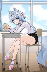  absurdres ahoge animal_ears bad_id bad_twitter_id bare_legs black_skirt blue_eyes blue_hair bread breasts chair collared_shirt cream cream_on_face crossed_legs desk female food food_on_face fox_ears fox_girl fox_tail hairband high-waist_skirt highres holding large_breasts lethe_(lethe187) long_hair long_sleeves looking_at_viewer melon_bread miniskirt original school_chair school_desk school_uniform shirt shirt_tucked_in sitting skirt slippers socks solo tail tail_through_clothes taut_clothes taut_shirt thighs unfinished white_shirt white_socks 