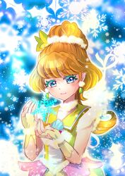  blonde_hair blue_eyes closed_mouth clothing_cutout collarbone cure_papaya earrings eyelashes female fingerless_gloves gloves heart_cutout highres ichinose_minori jewelry long_hair low_ponytail makeup manekineko5319 mascara precure sailor_collar sleeveless snowflakes solo tied_hair tropical-rouge!_precure yellow_gloves yellow_sailor_collar 