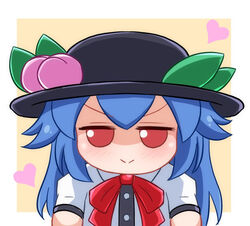  black_hat blue_hair blush bow bowtie buttons closed_mouth collared_shirt commentary doll female food fruit fumo_(doll) hair_between_eyes hat heart hinanawi_tenshi leaf long_hair looking_to_the_side peach red_bow red_bowtie red_eyes shaded_face shirt short_sleeves simple_background smile solo stuffed_toy tasuku_(tusktouhou4) touhou white_background white_shirt yellow_background 