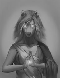  2015 anthro biped canid canine canis clothed clothing digital_media_(artwork) domestic_dog empty_eyes female fingers front_view fur glowing glowing_eyes grey_background greyscale hair half-length_portrait long_hair magic magic_user mammal meditation monk monochrome portrait robe short_fur simple_background snout solo whiteleonard 