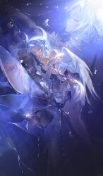  absurdres asymmetrical_gloves ballerina ballet_dress bare_shoulders blue_dress blue_gloves blue_hair breasts bridal_gauntlets cleavage closed_mouth commentary crossed_arms detached_sleeves dress elbow_gloves english_commentary feathered_wings female from_side full_body genshin_impact glass_shards gloves hair_ornament heart_ornament highres lying maowvi7 medium_breasts medium_hair mismatched_gloves odette_(genshin_impact) on_side pantyhose purple_eyes reflection single_elbow_glove solo strapless strapless_dress white_pantyhose white_wings wings 