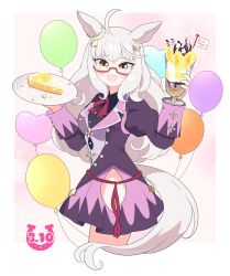  09sdab animal_ears balloon banana banana_slice biwa_hayahide_(pf._winning_equation...)_(umamusume) biwa_hayahide_(umamusume) black_shirt blush cake clothing_cutout commentary_request cropped_legs dated ear_ornament female food fruit glasses hair_ornament hands_up happy_birthday heart_balloon highres holding holding_plate horse_ears horse_girl horse_tail jacket long_hair looking_at_viewer mini_flag parfait pink_skirt plate purple_jacket red-framed_eyewear red_ribbon ribbon shirt skirt skirt_cutout smile solo tail umamusume white_hair yellow_eyes 