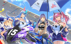  4girls absurdres azur_lane black_choker blonde_hair blue_eyes blue_hair breasts bremerton_(azur_lane) choker cleavage cleveland_(azur_lane) commentary_request day essex_(azur_lane) grey_streaks highres jacket large_breasts long_hair medium_breasts multicolored_hair multiple_girls new_jersey_(azur_lane) open_mouth outdoors pink_hair purple_hair purple_jacket race_queen red_eyes streaked_hair twintails very_long_hair wesaki_leona yamaha 