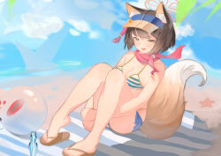  :d absurdres animal_ear_fluff animal_ears ass ball bare_arms bare_legs bare_shoulders beach_towel beachball bikini bikini_bottom_under_shorts bikini_under_clothes blue_archive blue_bikini blue_shorts blue_visor_cap bob_cut bottle breasts brown_hair brown_sandals chinese_commentary cleavage commentary_request cutoffs day denim denim_shorts dot_nose female flip-flops fox_ears fox_girl fox_tail full_body glass_bottle green_eyes green_pupils hair_ornament halo heel_up highres hugging_own_legs izuna_(blue_archive) izuna_(swimsuit)_(blue_archive) knees_up legs looking_at_viewer medium_breasts micro_shorts official_alternate_costume open_mouth outdoors pink_halo plantar_flexion pom_pom_(clothes) pom_pom_hair_ornament ramune red_scarf sand sandals scarf short_hair shorts sitting smile solo starfish striped_bikini striped_clothes swimsuit tail towel visor_cap white_bikini yellow_visor_cap yinglemao 