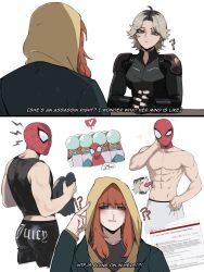  !? 1boy 2girls ? ?? abs_are_art_(meme) absurdres archive_of_our_own black_bodysuit black_hair black_pants black_shirt blood blue_eyes bodysuit clothes_writing commentary english_commentary english_text freckles fujoshi grey_hair highres holding holding_towel hood hooded_jacket hoodie jacket jean_grey juicy_couture licking licking_stomach marvel masoq medium_hair meme multicolored_hair multiple_girls mysterio nosebleed orange_hair pants peter_parker piper_perri_surrounded_(meme) shirt short_hair sleeveless sleeveless_shirt spider-man spider-man:_brand_new_day spider-man_(original_suit) spider-man_(series) straight superhero_costume topless_male towel two-tone_hair x-men yelena_belova 