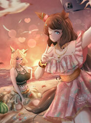  2girls animal_ears bare_shoulders beach bikini bird black_bikini blonde_hair blue_eyes blush boho-chic bracelet breasts brown_hair cellphone corset dress floral_print floral_print_skirt food fruit gold_city_(boho_flare)_(umamusume) gold_city_(umamusume) highres holding holding_phone horse_ears horse_girl horse_tail jewelry long_hair multicolored_nails multiple_girls necklace ocean off-shoulder_dress off_shoulder official_alternate_costume official_alternate_hairstyle one_eye_closed parted_lips phone pink_dress pink_sky ponytail print_skirt quyyaq seagull seashell selfie shell skirt sky smartphone starfish sunset swimsuit tail tosen_jordan_(aurore_vacances)_(umamusume) tosen_jordan_(umamusume) umamusume w water watermelon 