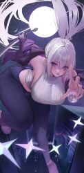  absurdres arm_behind_back artist_request bare_shoulders black_pants blush breasts building city commentary_request commission crop_top female floating_hair full_moon hair_between_eyes hair_intakes hand_up highres holding holding_sword holding_weapon jacket korean_commentary large_breasts light_particles long_hair long_sleeves looking_at_viewer midair midriff moon moonlight navel night off_shoulder open_clothes open_jacket original outdoors outstretched_arm pants parted_lips pink_lips ponytail purple_eyes purple_jacket reaching shoes sideboob sidelocks sky sleeveless sleeveless_sweater solo star_(sky) star_(symbol) starry_sky sweater sword very_long_hair weapon white_hair white_sweater 