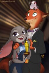  2017 academy_awards anthro award buckteeth canid canine claws clothed clothing disney dress duo ear_piercing female fox fra-gai fur green_eyes holding_award holding_object holding_oscar_statuette judy_hopps lagomorph leporid long_ears looking_up male mammal multicolored_body multicolored_fur nick_wilde open_mouth open_smile oscar_statuette piercing piper_(pixar) purple_eyes rabbit red_fox size_difference smile standing teeth true_fox tuexdo two_tone_body two_tone_fur zootopia 