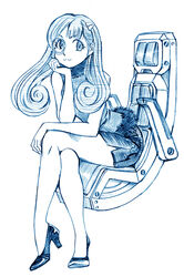  :3 aoki_hagane_no_arpeggio bbb_(friskuser) blue_theme chair commentary_request crossed_legs female high_heels hyuuga_(aoki_hagane_no_arpeggio) long_hair looking_at_viewer monochrome monocle photoshop_(medium) simple_background sitting solo white_background 