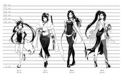  4girls animal_ears ass breasts china_dress chinese_clothes cleavage cloak commentary dress english_commentary flats flower fox_ears fox_tail full_body greyscale hair_flower hair_ornament hair_over_one_eye height_chart high_heels highleg highleg_dress highres hu-er_(robot_cat) katana long_legs looking_at_viewer medium_breasts meiyu_(robot_cat) monochrome multiple_girls original pantyhose robot_cat_(robotcatart) serin_(robot_cat) sheath sheathed shorts side_ponytail side_slit single_thighhigh small_breasts snake sword tail tangzhuang thighhighs weapon wide_sleeves yuzu_(robot_cat) 