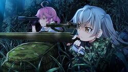  2girls front_wing game_cg gloves grass gray_hair grisaia:_phantom_trigger gun ikoma_murasaki long_hair military night pink_hair purple_eyes scarf shishigaya_touka twintails watanabe_akio weapon 