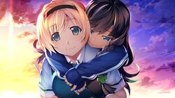  2girls aqua_eyes black_hair blonde_hair braids clouds front_wing game_cg grisaia:_phantom_trigger headband kujirase_christina_sakurako long_hair seifuku sengoku_taiga short_hair sky watanabe_akio 