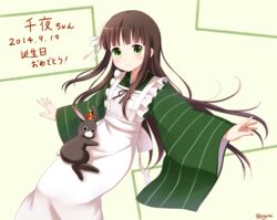  ama_usa_an_uniform animal anko_(gochiusa) apron artist_name beige_background birthday blunt_bangs blush brown_hair character_name closed_mouth commentary_request cowboy_shot crescent crescent_hat_ornament crown dated female flower gochuumon_wa_usagi_desu_ka? green_eyes green_kimono hair_flower hair_ornament happy_birthday hat_ornament highres japanese_clothes kimono long_hair long_sleeves looking_at_viewer mini_crown outstretched_arms rabbit ribbon sidelocks simple_background smile spread_arms standing translated ujimatsu_chiya very_long_hair white_apron white_ribbon wide_sleeves yuyumi_(yuurei) 