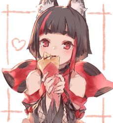  animal_ear_fluff animal_ears animare bare_shoulders blunt_bangs commentary_request crepe female food fox_ears heart holding holding_food inari_kuromu izumi_sai multicolored_hair nanashi_inc. red_eyes short_eyebrows short_hair solo streaked_hair thick_eyebrows virtual_youtuber 