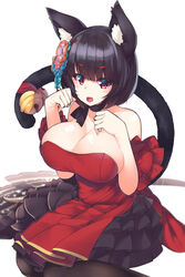  animal_ear_fluff animal_ears azur_lane bare_shoulders bell black_hair blunt_bangs breasts cat_ears cleavage commentary dress female highres jingle_bell mismatched_eyebrows miya_ur oerba_yun_fang official_alternate_costume paw_pose photoshop_(medium) red_dress sideboob tail tail_bell tail_ornament yamashiro_(azur_lane) yamashiro_(dressy_black_cat)_(azur_lane) 