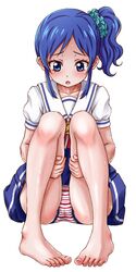  aikatsu! aikatsu!_(series) bare_legs barefoot blue_eyes blue_hair blush commentary_request feet female highres kiriya_aoi mitamura-kun_(landcell) panties pantyshot school_uniform serafuku side_ponytail sitting skirt solo starlight_academy_school_uniform sweat underwear upskirt 