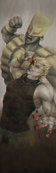  2boys abs bad_id bad_pixiv_id bare_shoulders black_skin blonde_hair blood blood_on_clothes blood_on_hands bracer breasts chomuun clenched_hand colored_skin dio_brando earrings grin hand_up heart highres incoming_attack incoming_punch injury jewelry jojo_no_kimyou_na_bouken looking_at_viewer multiple_boys open_hand outstretched_arm poking poking_head poking_self punching self-harm skin_tight smile spiked_hair spread_fingers stand_(jojo) stardust_crusaders tank_top the_world v-shaped_eyebrows yellow_eyes 