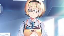  apron blonde_hair food front_wing game_cg glasses grisaia:_phantom_trigger headband kujirase_christina_sakurako seifuku short_hair tie watanabe_akio 