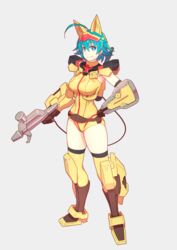  ahoge animal_ears armor black_thighhighs blue_eyes blue_hair boots breasts brown_gloves closed_mouth copyright_request female full_body gauntlets gloves grey_background gun gundam gundam_build_divers hair_between_eyes hand_on_own_hip highres holding holding_gun holding_weapon large_breasts leotard looking_at_viewer nami_(gundam_build_divers) nanase_nanami_(gundam_build_divers) short_hair simple_background smile solo standing thighhighs weapon yuuji_(and) 