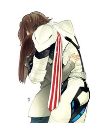  1boy brother_and_sister commentary dropp female helmet hug kamen_rider kamen_rider_drive_(series) kamen_rider_mach long_hair mutual_hug scarf shijima_gou shijima_kiriko short_hair siblings symbol-only_commentary unworn_headwear unworn_helmet 