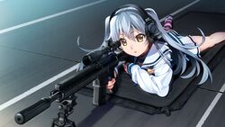  brown_eyes front_wing game_cg gray_hair grisaia:_phantom_trigger gun headphones long_hair seifuku shishigaya_touka skirt watanabe_akio weapon 