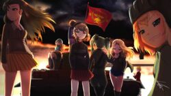  6+girls :| anchovy_(girls_und_panzer) anglerfish ankle_boots anzio_military_uniform arms_behind_back artist_name backlighting bad_id bad_pixiv_id black_footwear black_hat black_jacket black_ribbon black_shirt blonde_hair blue_eyes blue_hat blue_jacket blue_shorts blue_skirt boots brown_jacket chi-hatan_military_uniform closed_eyes closed_mouth cloud cloudy_sky commentary cup darjeeling_(girls_und_panzer) denim denim_shorts dress_shirt drill_hair emblem epaulettes fish flag from_behind from_side garrison_cap girls_und_panzer green_hair green_jumpsuit grey_legwear grin hair_intakes hair_ribbon hand_in_pocket hand_on_another&#039;s_shoulder hat helmet highres holding holding_instrument instrument jacket jumpsuit kantele katyusha_(girls_und_panzer) kay_(girls_und_panzer) keizoku_military_uniform kuromorimine_military_uniform light_smile long_hair long_sleeves looking_at_viewer looking_back looking_to_the_side mika_(girls_und_panzer) military military_hat military_uniform military_vehicle miniskirt motor_vehicle multiple_girls nishi_kinuyo nishizumi_maho nishizumi_miho no_legwear ooarai_military_uniform outdoors panzer_iv pleated_skirt pravda_military_uniform preesoul raglan_sleeves red_flag red_jacket red_shirt red_skirt ribbon saunders_military_uniform serious shirt short_hair short_shorts shorts signature sitting skirt sky smile socks st._gloriana&#039;s_military_uniform standing star_(symbol) tank tank_helmet teacup thigh_gap track_jacket trait_connection translation_request tulip_hat twilight twin_drills twintails uniform v-shaped_eyebrows white_skirt wind yellow_skirt 