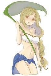  adapted_costume arc_the_lad arc_the_lad_ii blonde_hair braid breasts brown_eyes cleavage commentary_request female large_breasts leaf_umbrella lieza_(arc_the_lad) long_hair looking_at_viewer low-tied_long_hair sarong single_braid smile solo surume_(surume_8738) swimsuit very_long_hair 