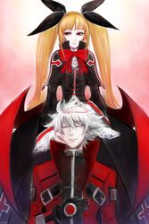  1boy absurdres blazblue blonde_hair bow capelet commentary_request cradling_head early_type eyelashes female flat_chest gothic_lolita hair_ribbon highres jacket korean_commentary lap_pillow light_smile lolita_fashion long_hair low_wings pale_skin rachel_alucard ragna_the_bloodedge red_bow red_eyes red_jacket ribbon twintails very_long_hair white_hair wings 