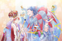  2boys bendan-daizi blue_hair cake cape commentary_request crown fate/zero fate_(series) food gilles_de_rais_(caster)_(fate) highres jewelry multiple_boys photoshop_(medium) shoggoth staff sweets tentacle uryuu_ryuunosuke 