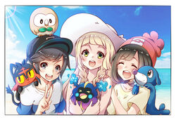  &gt;_&lt; 1boy 2girls :d ^_^ bad_id bad_pixiv_id baseball_cap beach beanie black_hat blush closed_eyes closed_mouth cloud commentary cosmog day elio_(pokemon) hand_on_another&#039;s_shoulder happy hat holding holding_pokemon lillie_(pokemon) litten looking_at_viewer multiple_girls ocean on_head on_shoulder open_mouth outdoors pokemon pokemon_(creature) pokemon_on_head pokemon_on_shoulder pokemon_sm popplio red_hat rowlet selene_(pokemon) sky smile starter_pokemon_trio sun sun_hat sunlight taking_picture totogami_toto v white_hat xd 