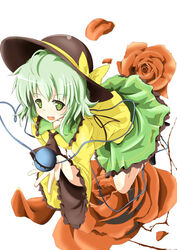  absurdres blush commentary_request eyeball female flower fps frills green_eyes green_hair hat hat_ribbon heart heart_of_string highres komeiji_koishi long_sleeves petals photoshop_(medium) red_flower red_rose ribbon rose short_hair skirt smile solo third_eye touhou wide_sleeves 