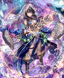  armlet bare_shoulders barefoot beads brown_hair chains female irua looking_at_viewer medium_hair official_art prophetess_of_creation purple_eyes shadowverse shin_guards smile stone_tablet veil water 