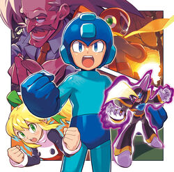  4boys android aura bass_(mega_man) black_headwear blonde_hair blue_bodysuit blue_eyes blue_headwear bodysuit border clenched_hand clenched_hands collared_shirt commentary_request dark_aura dr._wily_(mega_man) dress facial_hair female green_eyes green_ribbons grin hair_ribbon helmet highres kin_niku lab_coat long_sleeves looking_at_viewer lower_teeth_only mega_man_(character) mega_man_(classic) mega_man_(series) mega_man_9 moustache multiple_boys necktie outside_border photoshop_(medium) plug_man proto_man red_headwear red_necktie ribbon robot_ears roll_(mega_man) scarf shirt smile standing teeth upper_teeth_only white_border white_hair white_shirt yellow_scarf 