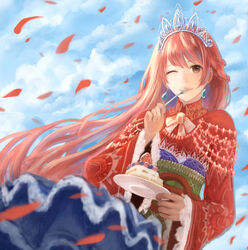  blueberry brown_eyes cake cloud commentary_request crown day dress earrings eating female food fruit half_updo jewelry long_hair one_eye_closed original petals plate print_shirt red_hair red_shirt sakimori_(hououbds) shirt sky smile solo strawberry strawberry_shortcake very_long_hair white_crown 