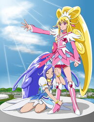  2girls aida_mana blonde_hair blue_bow blue_hair blue_sky boots bow bracelet brooch choker clenched_hand closed_eyes cloud commentary_request cure_diamond cure_heart day dokidoki!_precure half_updo heart heart_brooch hishikawa_rikka hugging_another&#039;s_leg hugging_own_legs jewelry knee_boots light_rays long_hair moritakusan multiple_girls outstretched_arm pink_arm_warmers pink_bow pink_eyes pink_footwear pink_sleeves ponytail precure shadow sitting sky standing sunbeam sunlight wariza yuri 