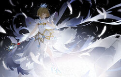  ahoge brown_hair cardcaptor_sakura cardcaptor_sakura_clear_card_arc clear_card closed_mouth commentary crown dress feathers female gloves highres holding kinomoto_sakura kinomoto_sakura_(crystal_feather_dress) nine_(liuyuhao1992) short_hair solo wand white_dress white_gloves wind yume_no_tsue 