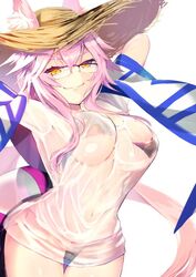  animal_ear_fluff animal_ears bikini bikini_under_clothes blue_bikini breasts cleavage commentary_request cosplay ears_through_headwear fate/grand_order fate_(series) female fox_ears fox_girl fox_tail glasses hat koyanskaya_(fate) large_breasts long_hair looking_at_viewer p_answer pink_hair shirt side-tie_bikini_bottom solo straw_hat swimsuit t-shirt tail tamamo_(fate) tamamo_no_mae_(swimsuit_lancer)_(fate) tamamo_no_mae_(swimsuit_lancer)_(fate)_(cosplay) tamamo_no_mae_(swimsuit_lancer)_(second_ascension)_(fate) very_long_hair wet wet_clothes wet_shirt yellow_eyes 