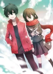  1boy black_eyes black_hair brown_hair closed_eyes commentary_request enpera female hair_ornament hairclip kagerou_project kisaragi_shintarou long_hair origami paper_crane red_scarf ryukadomatsu scarf school_uniform serafuku short_hair smile tateyama_ayano 