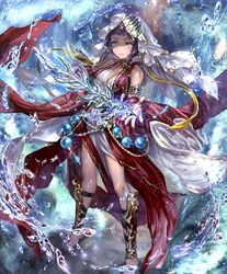  armlet bare_shoulders barefoot beads black_hair blue_eyes chains female irua looking_at_viewer official_art prophetess_of_creation shadowverse shin_guards short_hair smile veil water 