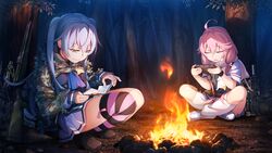  2girls book fire forest front_wing game_cg gray_hair grisaia:_phantom_trigger gun ikoma_murasaki long_hair night pink_eyes purple_hair scarf seifuku shishigaya_touka skirt thighhighs tree twintails video_games watanabe_akio weapon 