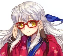  adjusting_eyewear animal_print bespectacled blush butterfly_print commentary_request female fire_emblem fire_emblem:_radiant_dawn fire_emblem_heroes glasses hair_ribbon japanese_clothes jurge kimono long_hair long_sleeves micaiah_(fire_emblem) micaiah_(hoshidan_summer)_(fire_emblem) official_alternate_costume ribbon simple_background smile solo upper_body white_background white_hair yellow_eyes yukata 