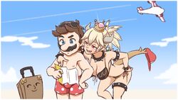  1boy aea aircraft airplane arm_on_another&#039;s_shoulder armlet bikini black_collar blonde_hair blue_eyes bowsette bracelet breasts brown_hair cloud collar commentary_request couple facial_hair female hat highres horns jewelry large_breasts lenny_face luggage male_swimwear map mario mario_(series) md5_mismatch moustache new_super_mario_bros._u_deluxe pointing polka_dot princess red_eyes sharp_teeth sky smile spiked_armlet spiked_bracelet spiked_collar spiked_shell spiked_tail spiked_thighlet spikes straight suitcase sunglasses super_crown super_mario_sunshine swim_trunks swimsuit tail teeth thighlet topless_male turtle_shell 