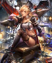  artist_request bird blonde_hair breasts chain_whip cygames earrings female gloves high_heels jacket jewelry keyring large_breasts leg_up looking_at_viewer midriff octrice_omen_of_usurpation official_art purple_eyes shadowverse smile thighhighs treasure_chest 