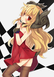  bare_shoulders blonde_hair commentary_request dress female horns ju-zika long_hair looking_back original red_eyes solo tail thighhighs 