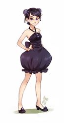  bare_arms bare_legs bare_shoulders black_dress black_hair blueberry bun_cover double_bun dress female food food_themed_clothes fruit full_body hands_on_hips meago original personification purple_eyes rough shoes signature smile solo white_background 